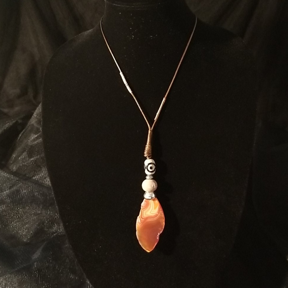 Cloie Natural Stone Pendant Wax Cord Necklace 14" Brown Wax Cord Is Adjustable